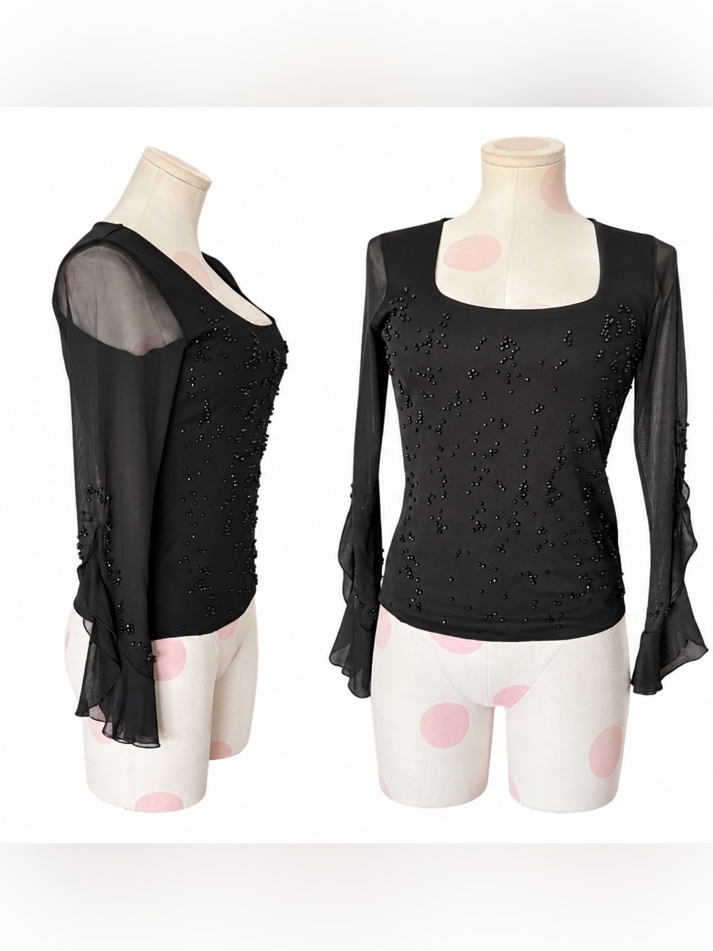 Y2K Beaded Mesh statement Sleeve Top – cello Argentina - Black – S